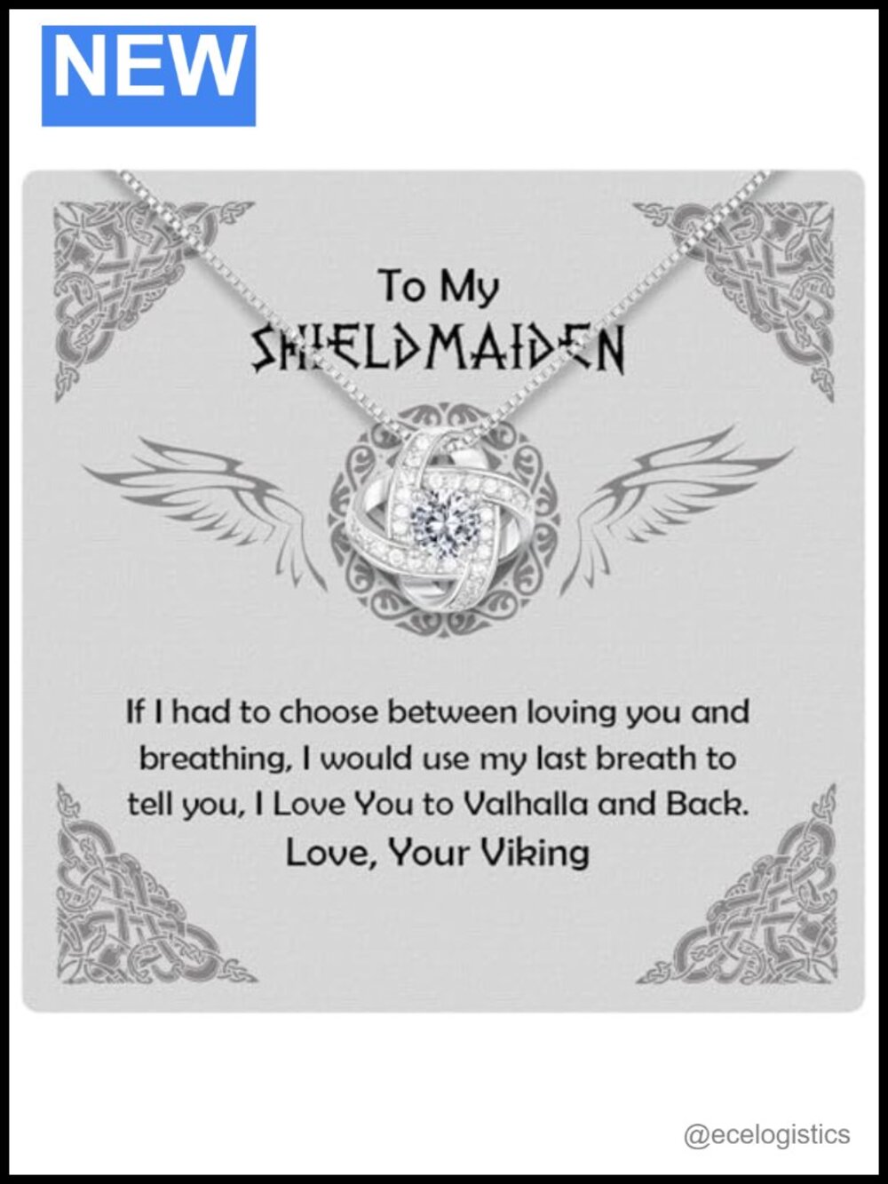 Viking Shield Maiden Necklace 14k White Gold Plated Stainless Steel CZ Pendant